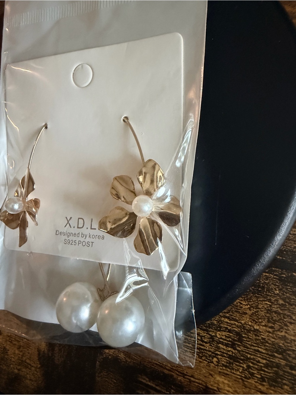 Gold Flower Earrings with White Pearl Center